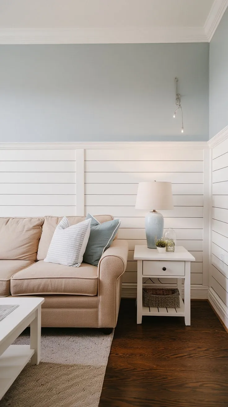 This wainscoting living room boasts a charming blend of textures and colors. The shiplap with chair rail is a showstopper, the white paneling of the half panel wall offering a clean contrast to the light blue above.  The shiplap wall, a perfect example of half wall paneling, adds a touch of rustic elegance.  The dark hardwood floors and simple furnishings allow the shiplap wainscoting and its raised panel walls to truly shine as a stunning accent wall. The slatted wall detail adds a subtle yet impactful layer of visual interest.