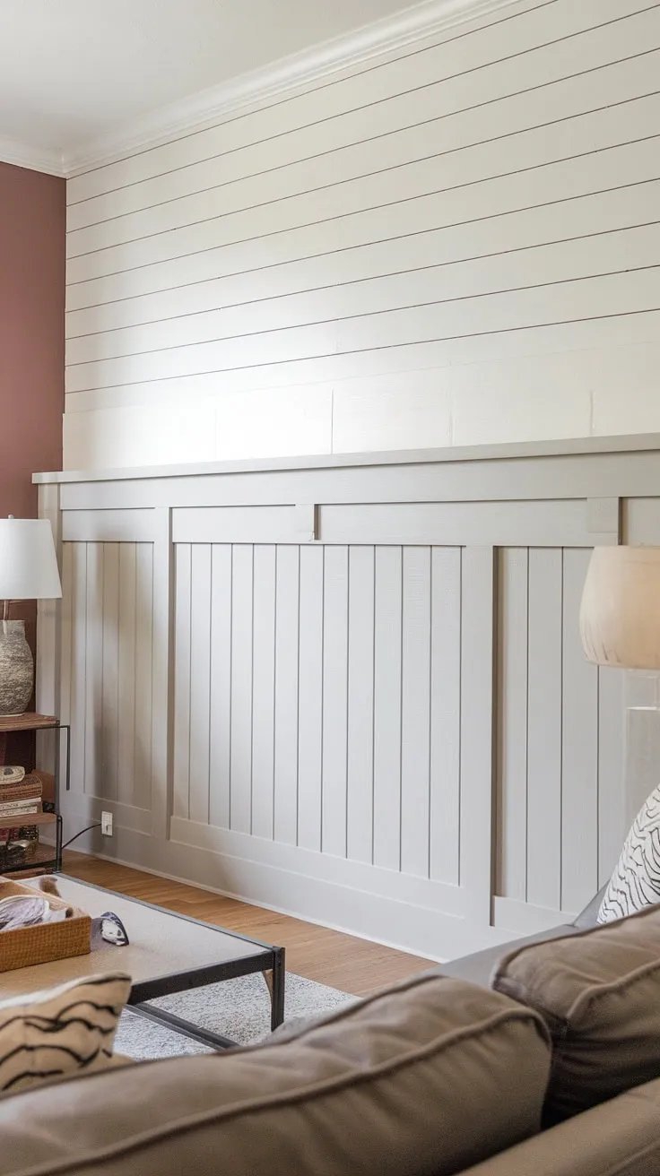 This wainscoting living room boasts a stunning accent wall, featuring a sophisticated blend of shiplap with chair rail and raised panel walls below a striking slatted wall above. The white paneling creates a bright and airy feel, while the half panel wall design adds architectural interest.  The half wall paneling and shiplap wall are a perfect example of how to incorporate shiplap wainscoting into a modern space.