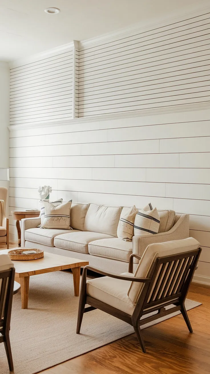 The shiplap wainscoting and slatted wood create a stunning contrast in this wainscoting living room.  The white paneling, complete with a chair rail, adds a touch of classic elegance to the half panel wall, while the upper half panel wall of slatted wood brings a modern warmth. This half wall paneling is the perfect accent wall, showcasing the beauty of raised panel walls and shiplap with chair rail.