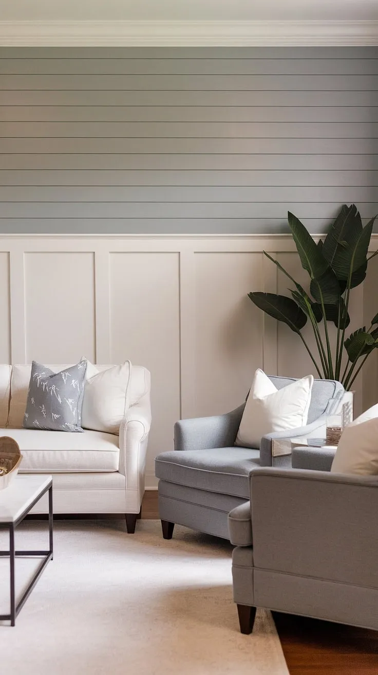 This wainscoting living room boasts a show-stopping accent wall. The shiplap with chair rail creates a half panel wall, dividing the soft gray upper half from the crisp white shiplap below.  The subtle shiplap wall detail, a unique take on raised panel walls, adds depth and texture to this space, making the slatted wall a focal point.