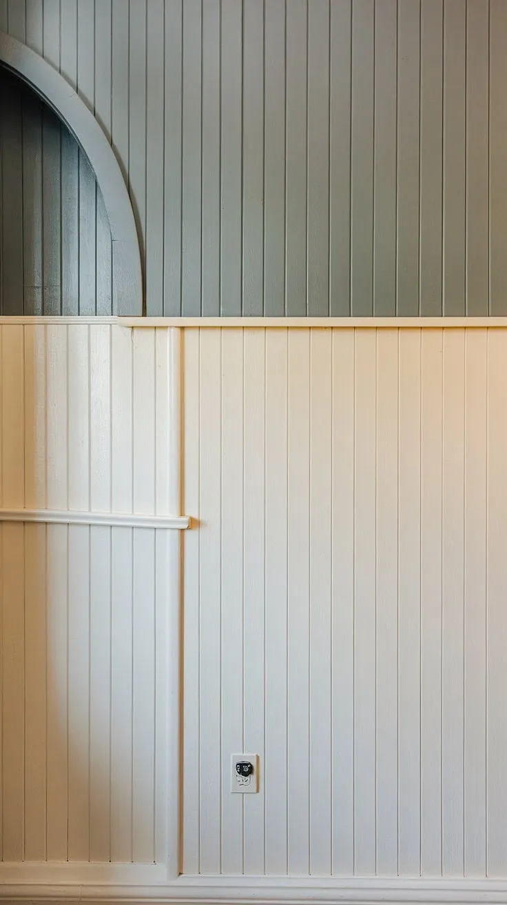 The half panel wall in this living room is a masterpiece of design.  The shiplap wainscoting, complete with a chair rail, is painted in a fresh white, creating a beautiful contrast against the upper slatted wall. This shiplap wall serves as a striking accent wall, showcasing the elegance of raised panel walls and the charm of half panel wall detailing.