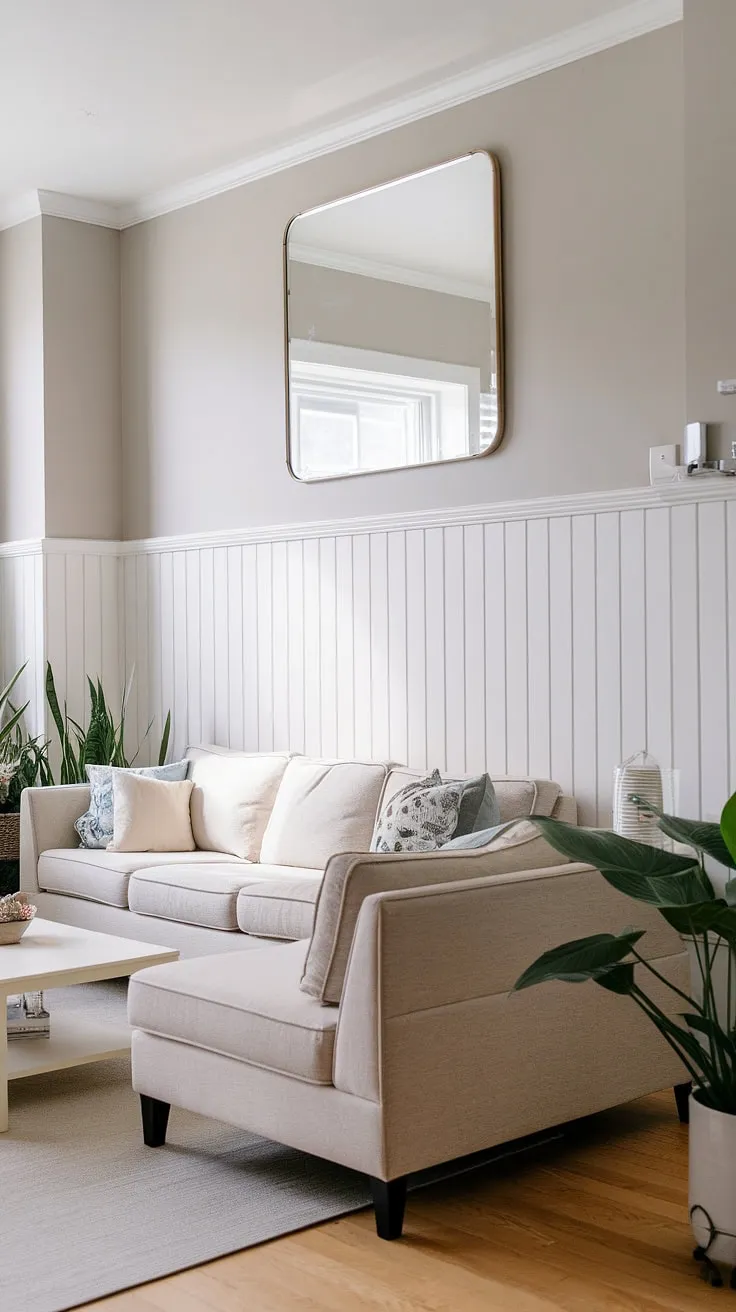 This wainscoting living room boasts a captivating accent wall featuring shiplap with chair rail. The half panel wall, created with white paneling and shiplap wainscoting, is a striking design element.  The half wall paneling seamlessly blends with the light gray upper walls, creating a sophisticated and airy atmosphere.  The shiplap wall is further enhanced by the large mirror and the subtle texture of the light wood floors, making this a truly unique and stylish space.