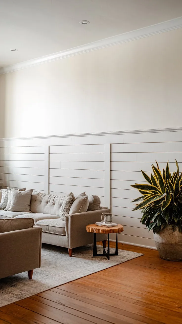 The crisp white shiplap wainscoting, complete with a charming chair rail, elevates this living room.  The half wall paneling adds architectural interest, creating a stunning accent wall with its raised panel walls and slatted wall texture.  A perfect blend of modern and traditional style.