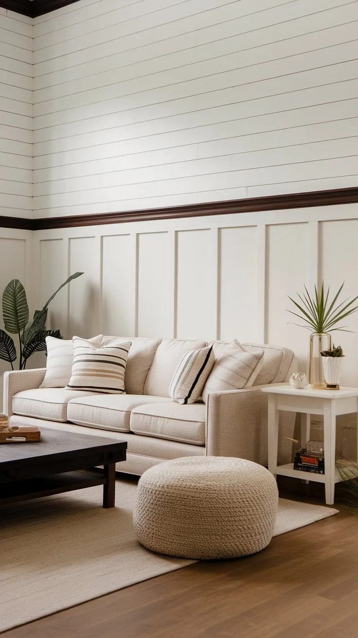 This wainscoting living room boasts a captivating shiplap with chair rail design. The shiplap wall is divided by a dark wood chair rail, with the upper half showcasing crisp white paneling and the lower half revealing the natural beauty of the shiplap.  The half panel wall, a masterful example of raised panel walls, adds depth and sophistication to this slatted wall accent wall.