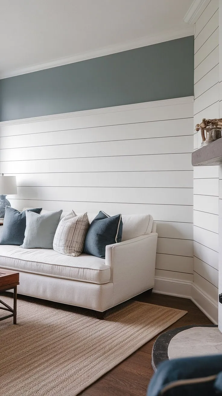 This living room's charm lies in its thoughtful details: a shiplap wall featuring half panel wall design with a chair rail, complemented by a stunning slatted wall. The shiplap with chair rail and white paneling create a beautiful half panel wall, while the muted blue above adds a touch of serenity.  The shiplap wainscoting is the perfect finishing touch to this inviting space.