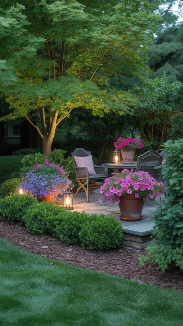 Lantern-Lit Patio Retreat Nestled Among Petunias and Maples