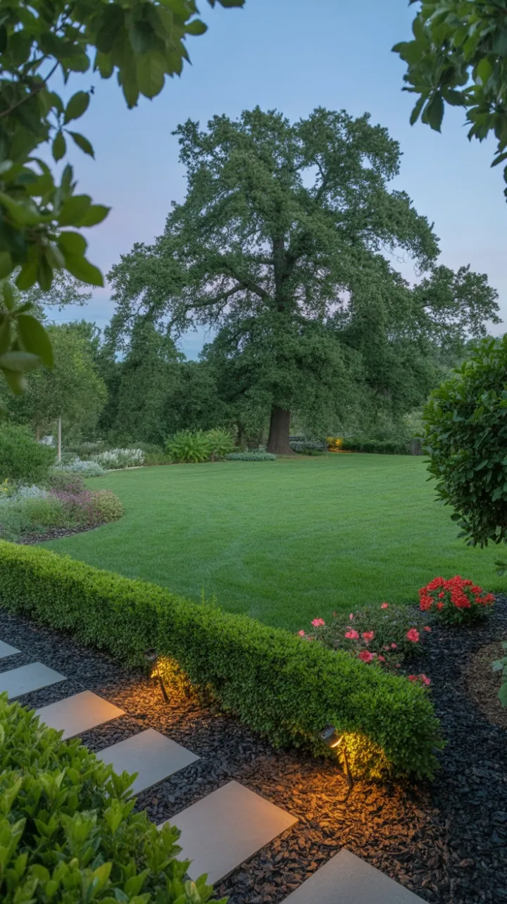 Serene Oak-Framed Garden with Lush Emerald Lawn