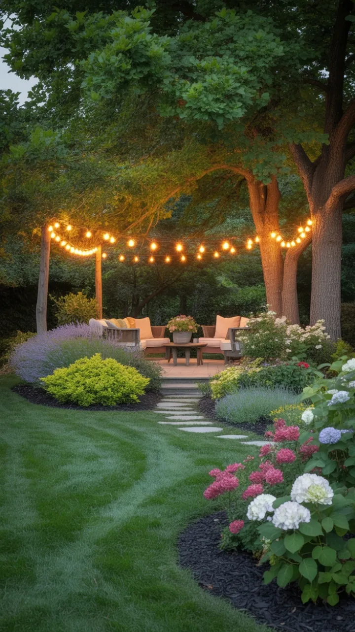 Golden-Lit Oak Patio and Lavender-Lined Stone Path