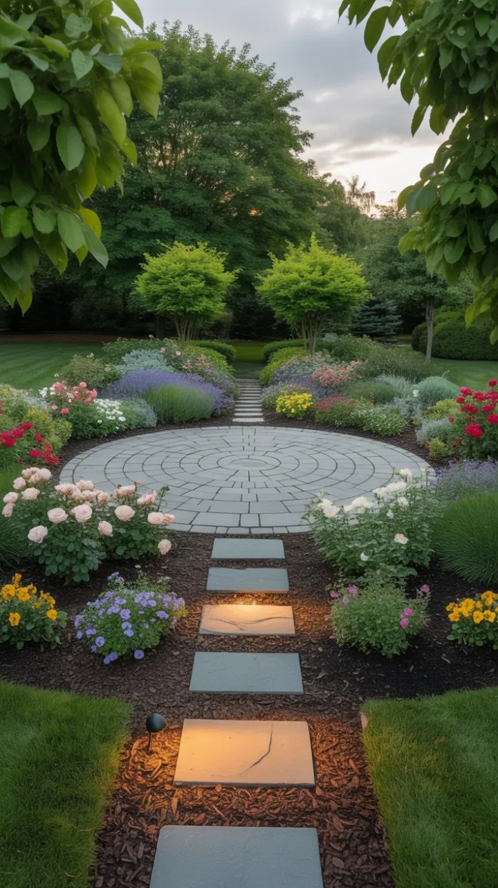 Sunlit Rose Circle – Serene Stone Patio Retreat
