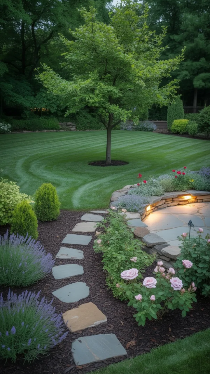 Tranquil Oak Garden with Lavender-Lined Stone Path