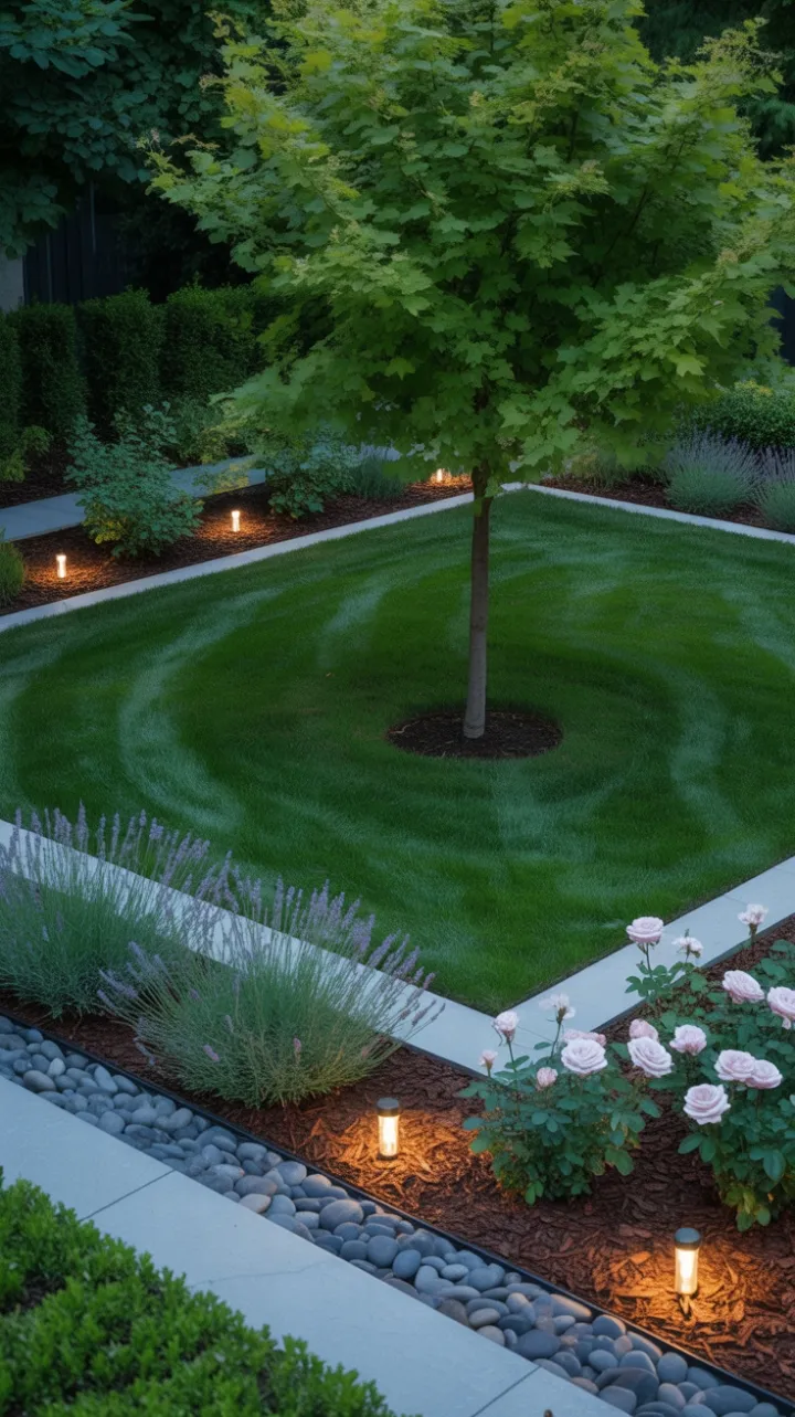 Maple-Shaded Minimalist Garden of Lavender, Stone, and Warm Light