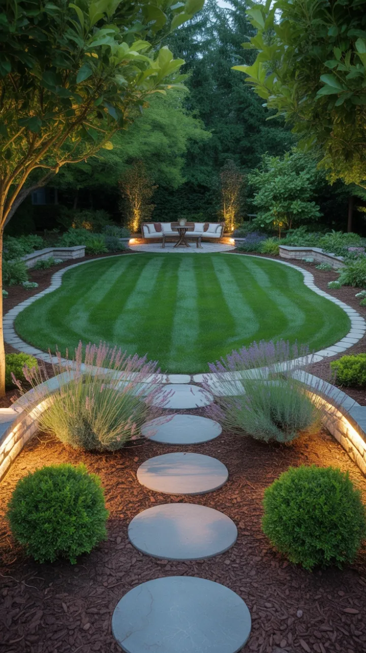 Emerald Lawn and Lavender Pathway Leading to a Cozy Twilight Garden Nook