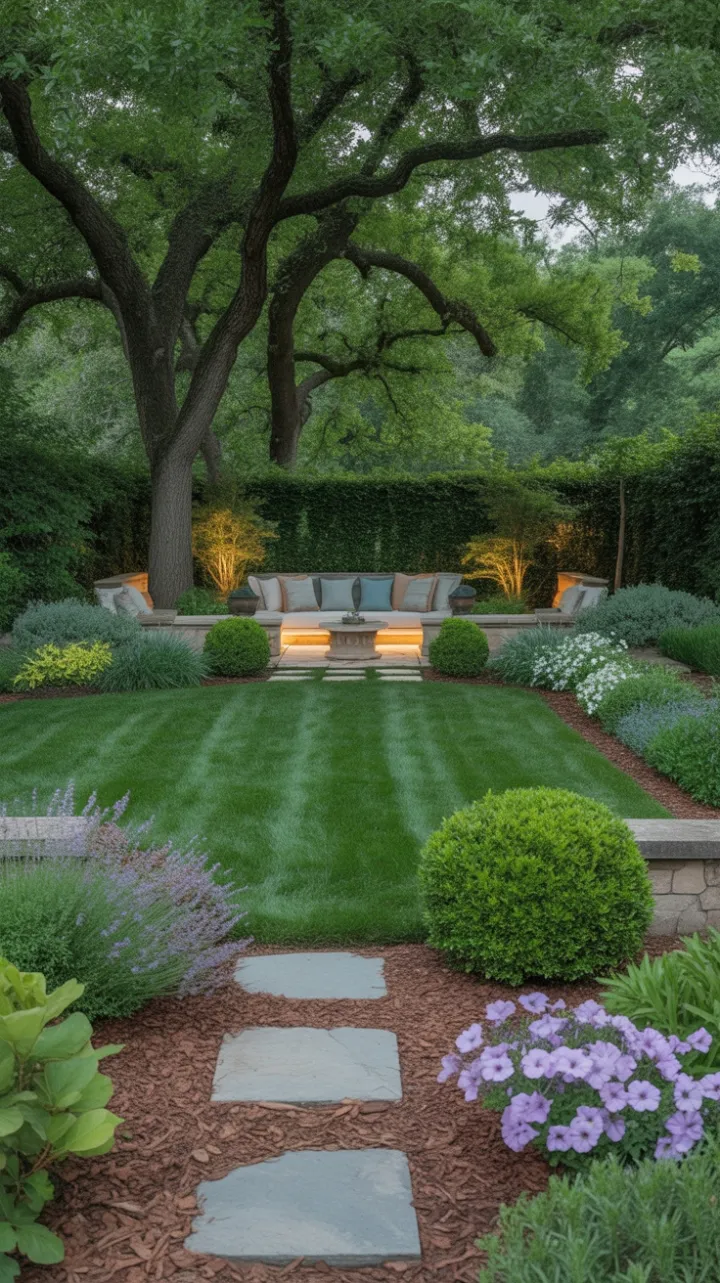 Tranquil Oak-Shaded Backyard Retreat with Lavender-Scented Pathways
