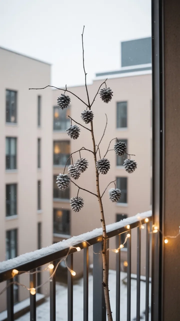 Scandinavian Winter Balcony with Birch Branch, Frosted Pinecones and Warm Lights