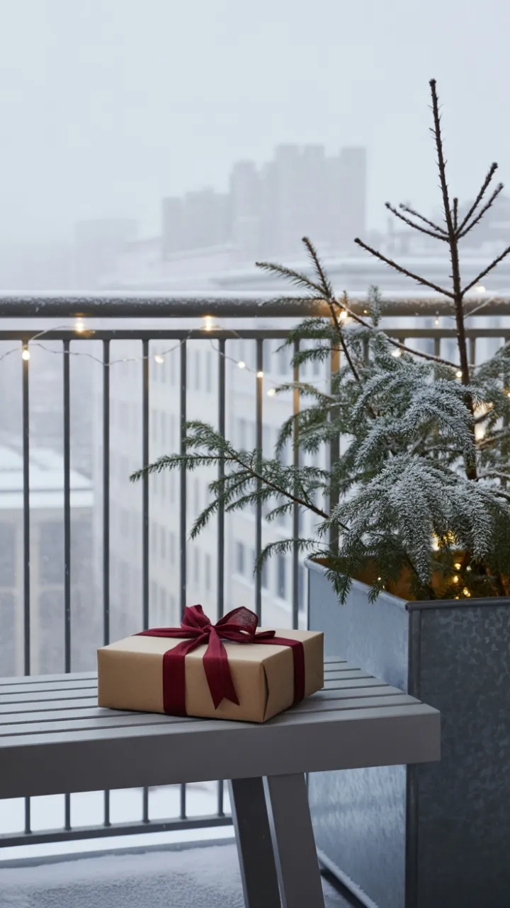 Snow-Kissed Minimalist Balcony with Subtle Holiday Charm