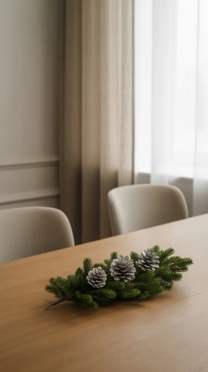 Evergreen and Silver Pinecones on a Minimalist Oak Table