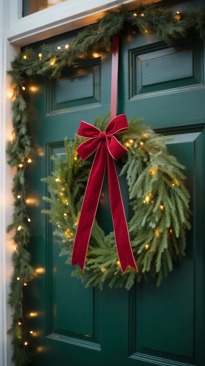 Snow-Kissed Green Door with Velvet Bow and Twinkling Lights