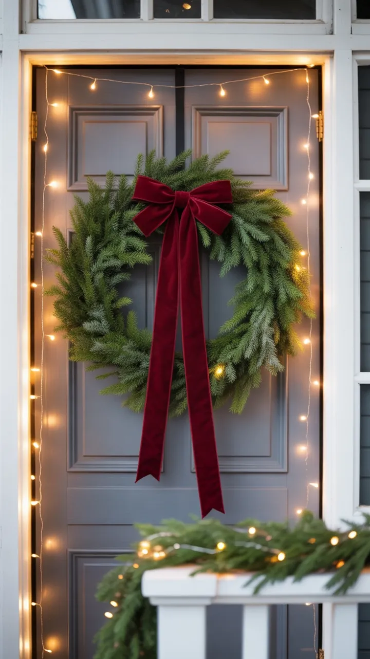 Twinkling Welcome with a Burgundy Velvet Wreath