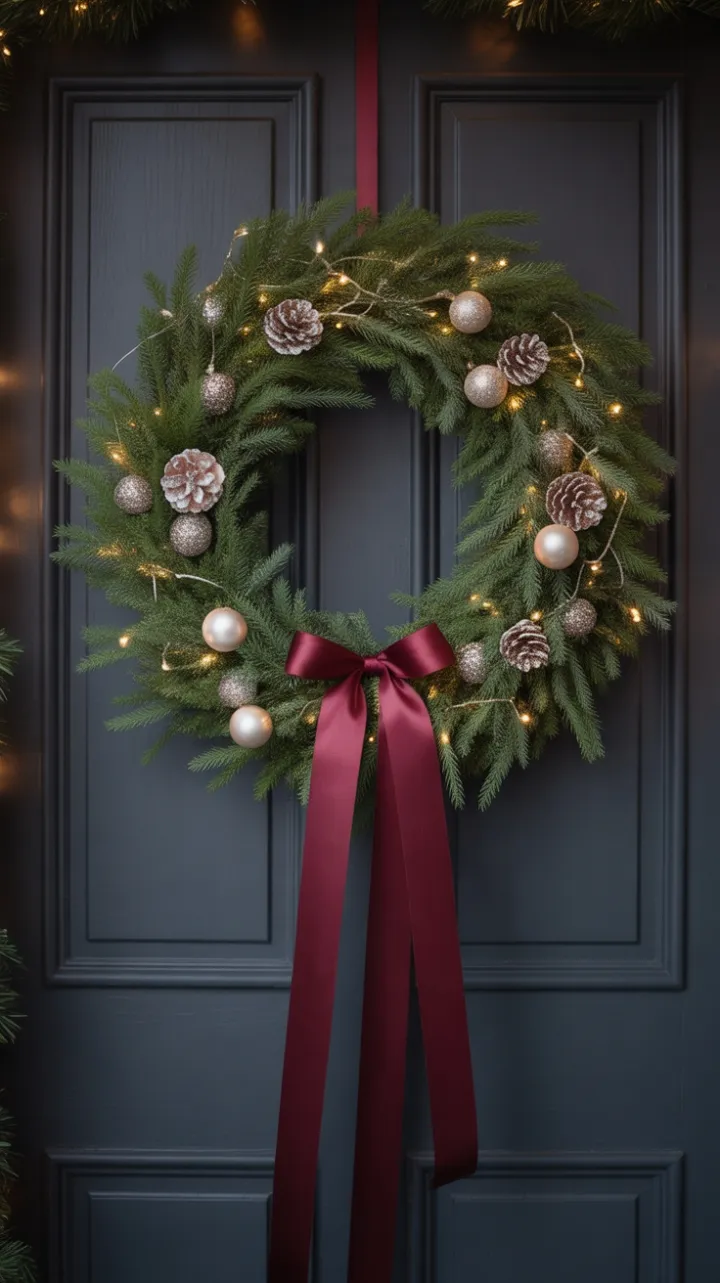 Minimalist Holiday Welcome with Burgundy Ribbon Wreath