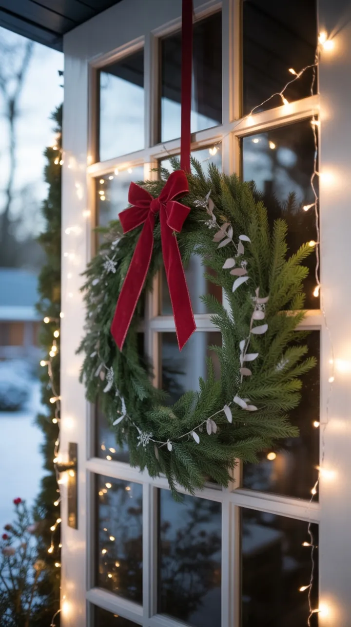 Velvet-Bow Welcome on a Snow-Dusted Minimalist Christmas Door