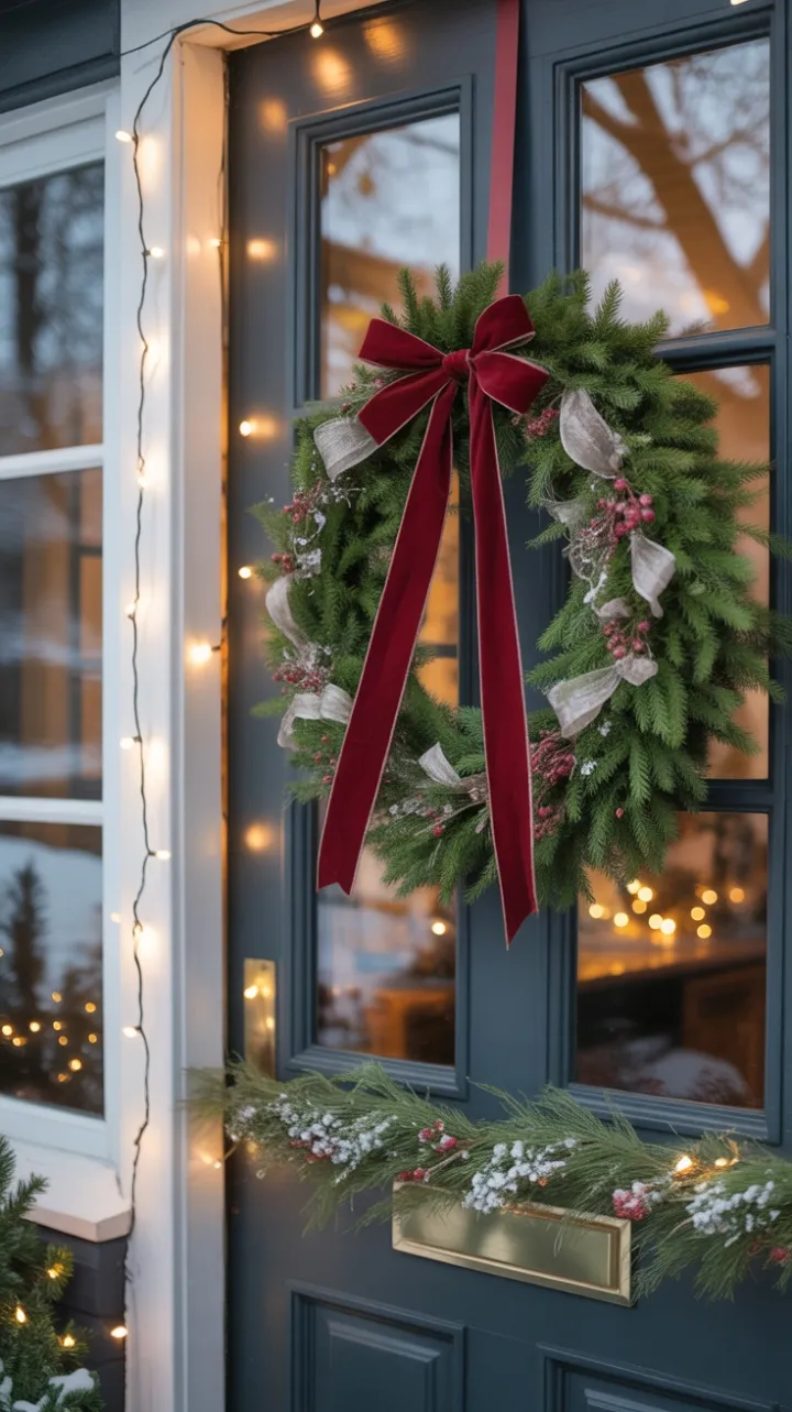 Velvet-Bowed Wreath on a Snow-Kissed Holiday Door