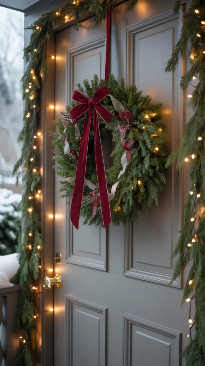 Cozy Welcome with Velvet Bow Wreath and Twinkling Lights
