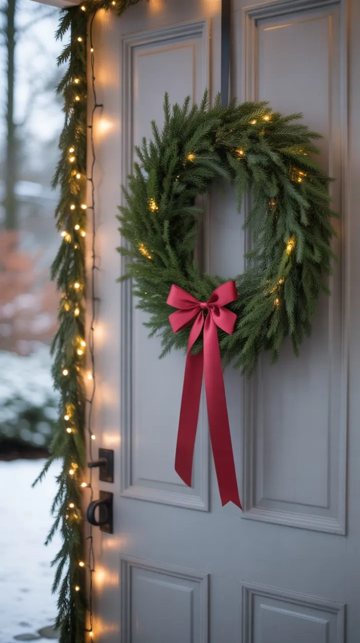 Quiet Holiday Elegance with Evergreen Wreath and Satin Bow
