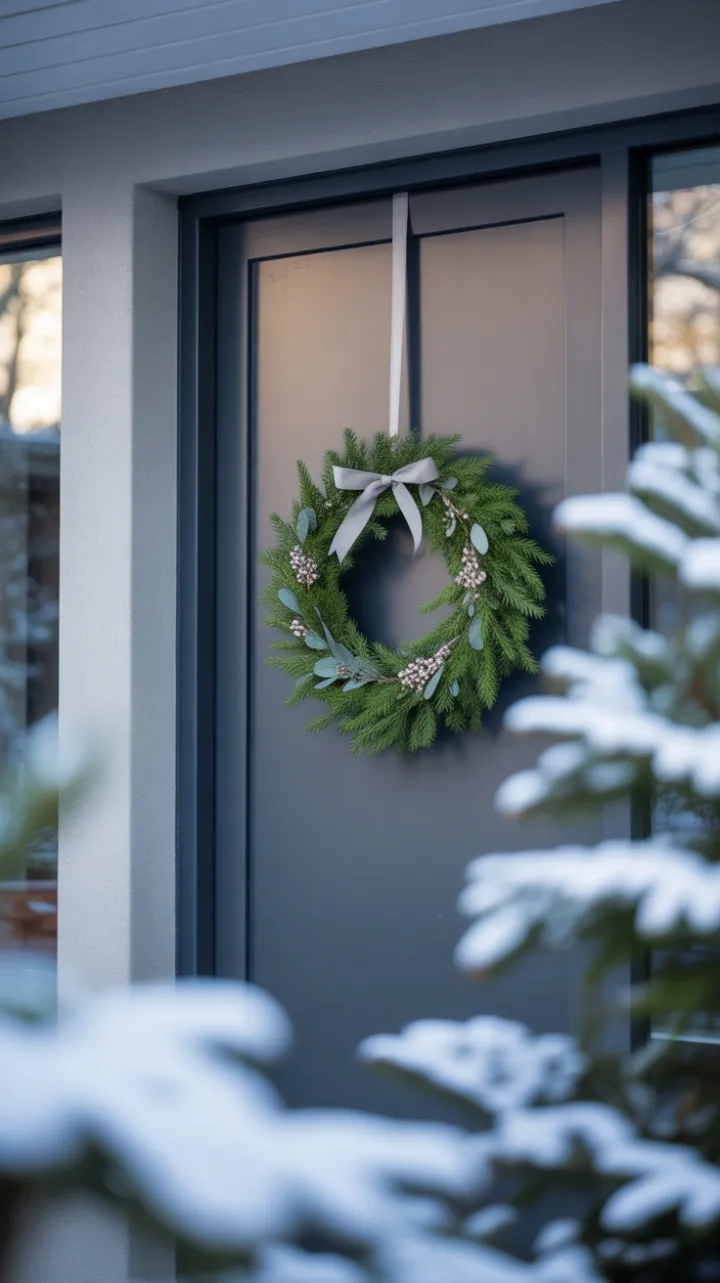 Muted Elegance Evergreen Wreath on a Dark Gray Door