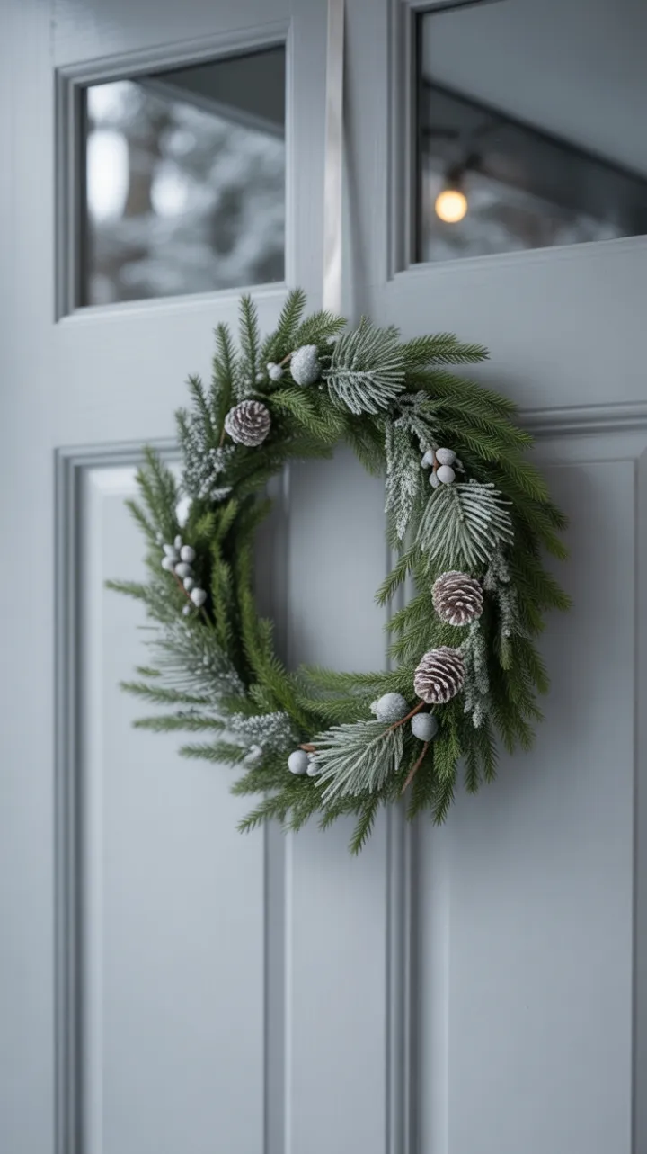 Frosted Nordic Wreath on a Matte Gray Door
