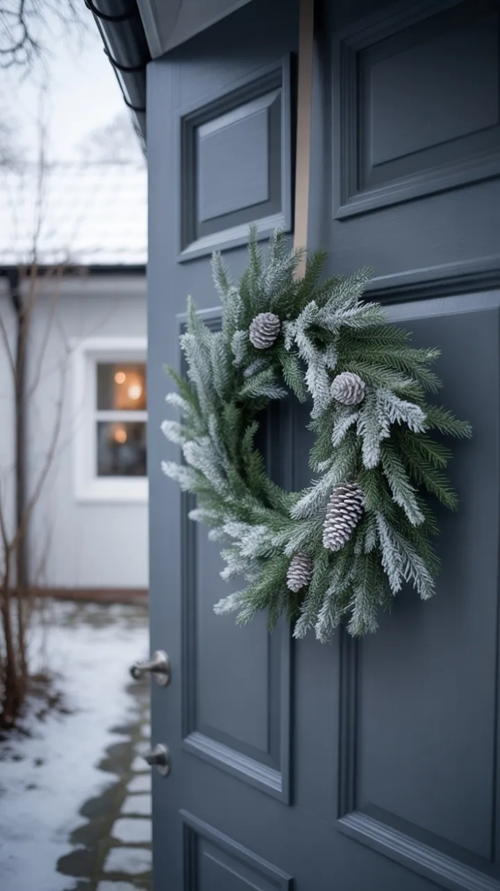 Scandinavian Serenity Frosted Wreath on a Sleek Gray Door