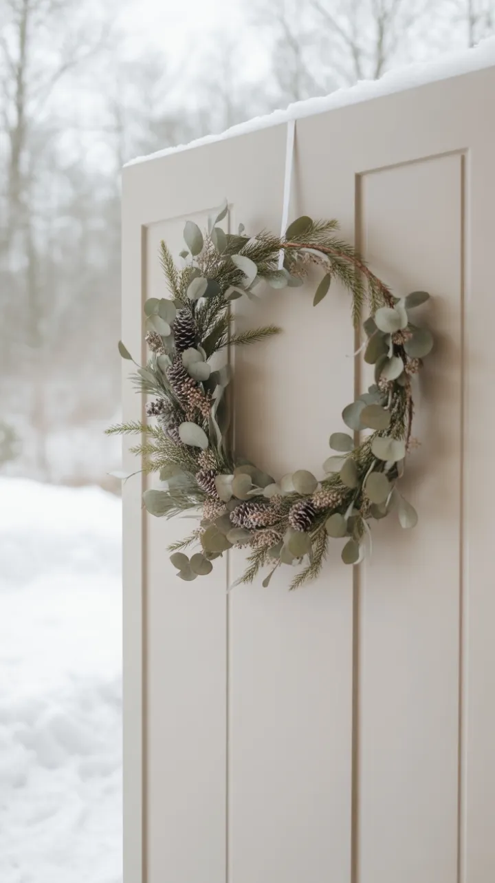 Scandinavian Eucalyptus Wreath on a Snow‑Kissed Cream Door