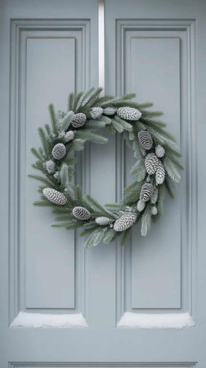 Frosted Simplicity Scandinavian Wreath on a Soft Grey Door