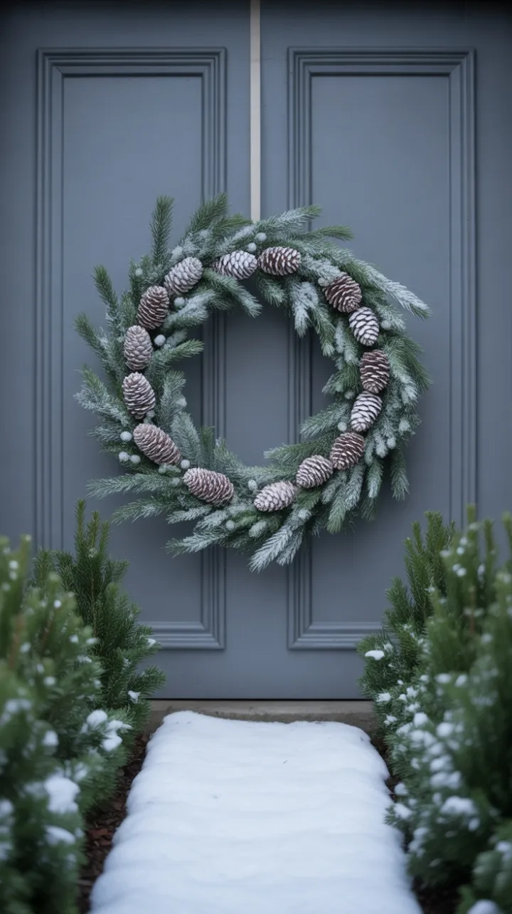 Understated Scandinavian Welcome with Frosted Pine Wreath