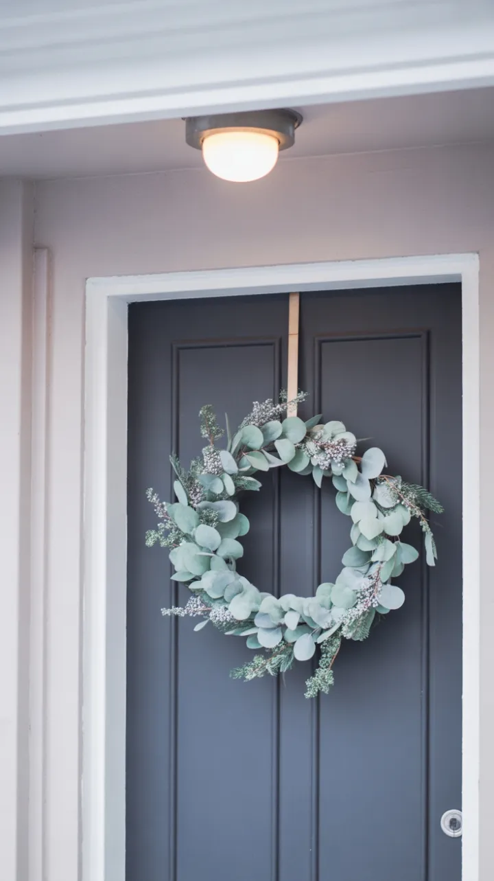 Scandinavian Calm Eucalyptus Wreath on a Snow‑Lit Door