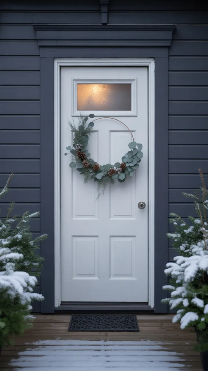 Scandi Serenity — Eucalyptus Wreath on a Snow-Kissed Door