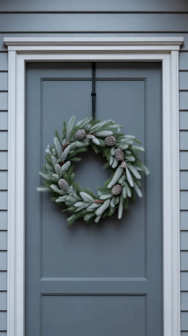 Frosted Scandinavian Wreath on a Slate-Gray Welcome