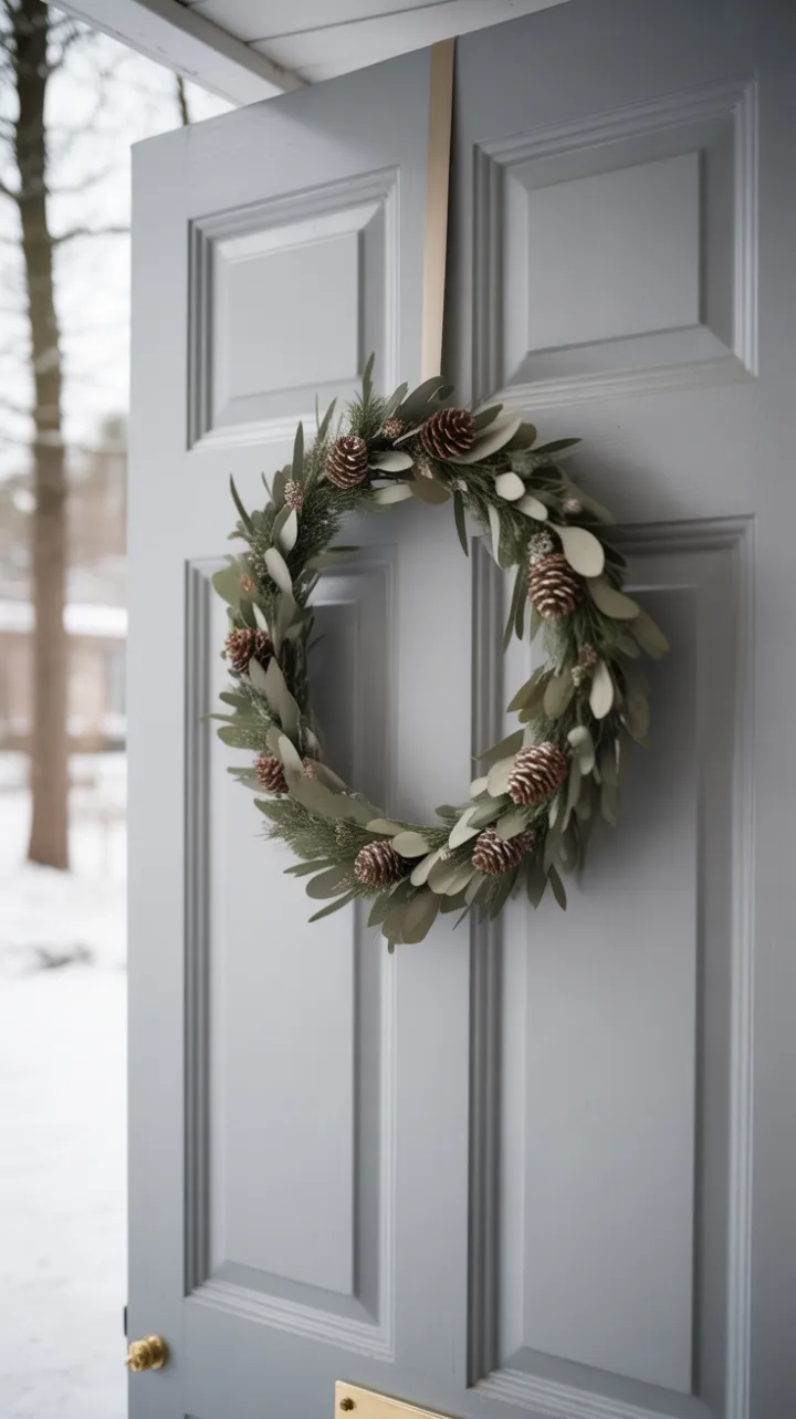 Scandinavian Serenity With Eucalyptus Wreath on a Snow-Kissed Doorstep