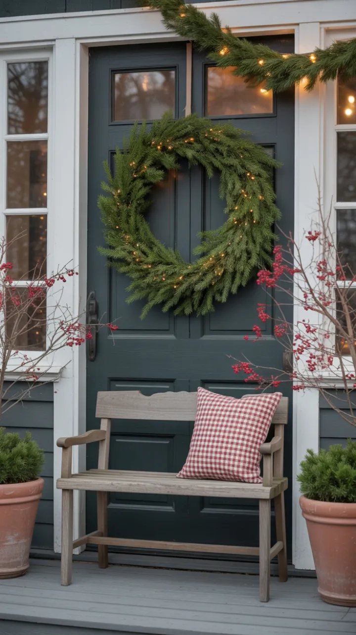A Quiet Winter Porch Bathed in Warm Holiday Light