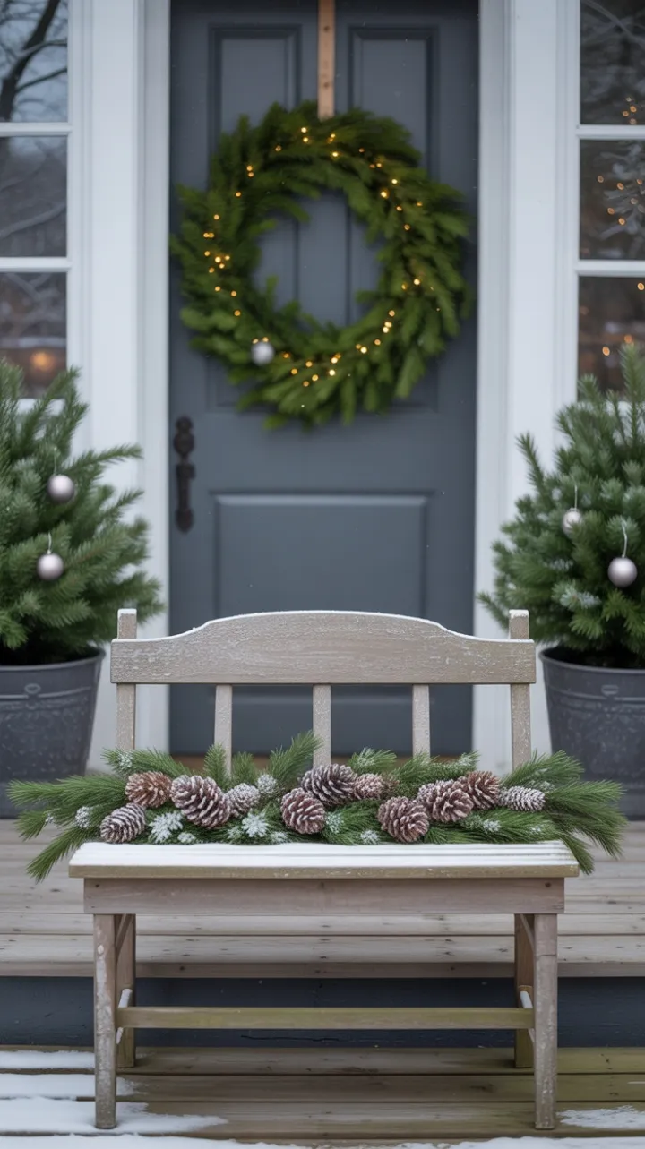 Frosted Pines and Quiet Light on a Minimalist Christmas Porch
