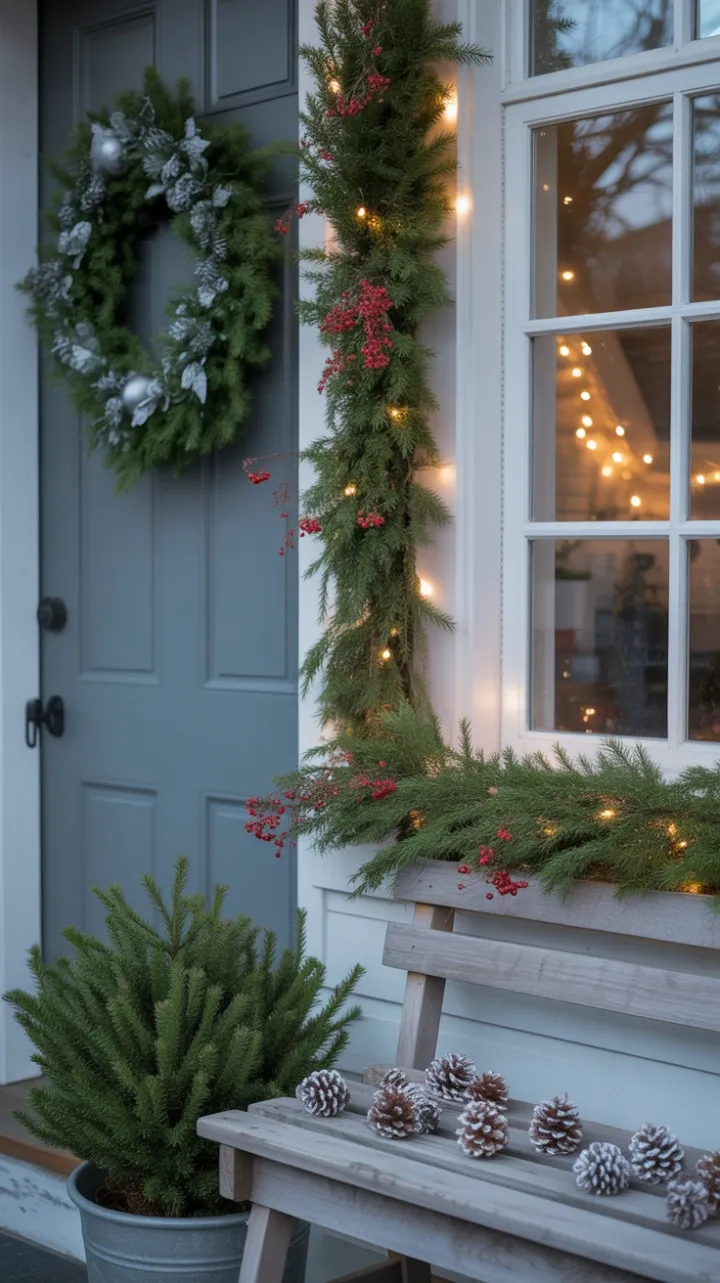 Cozy Minimalist Christmas Porch with Evergreen Wreath and Warm White Lights