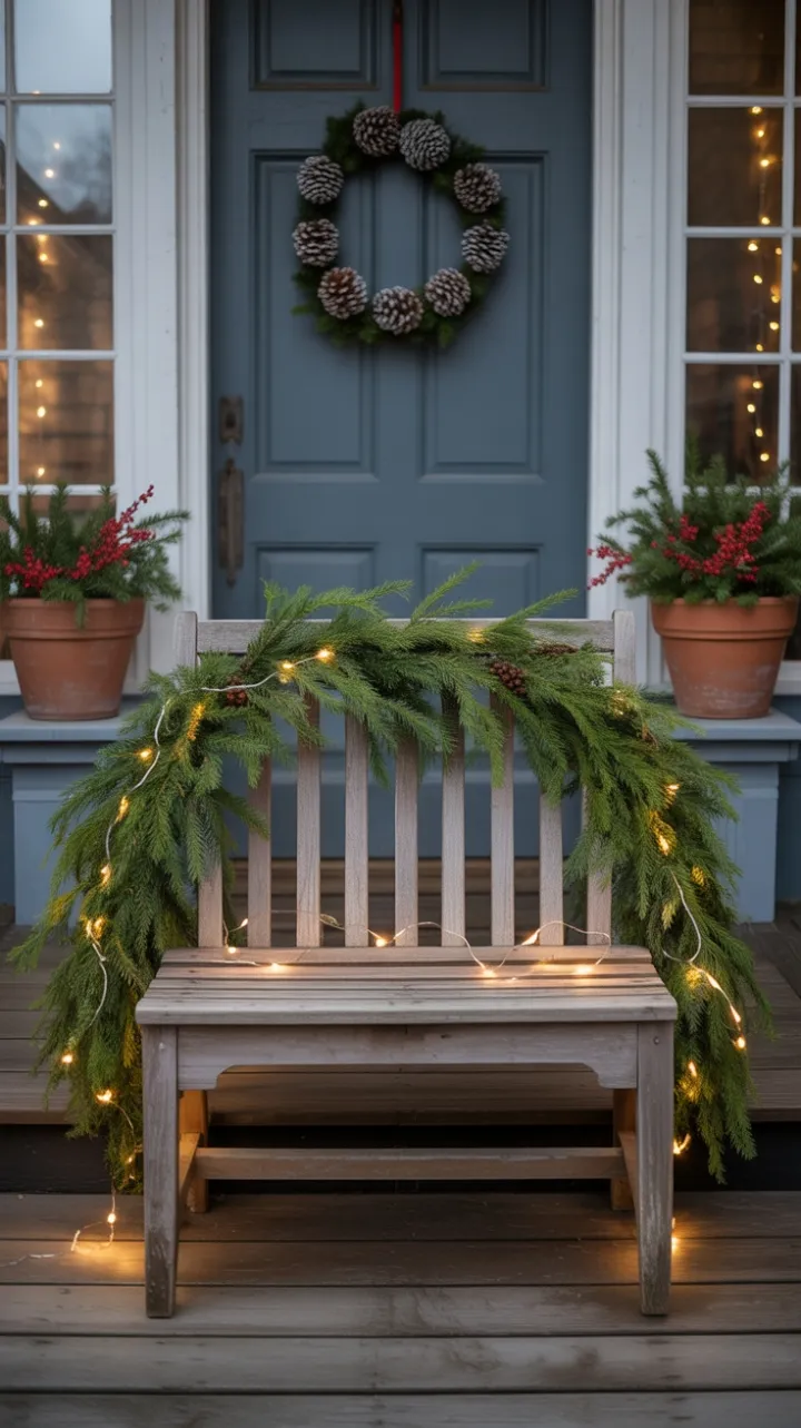 Cozy Christmas Porch with Garlanded Bench at Sunset