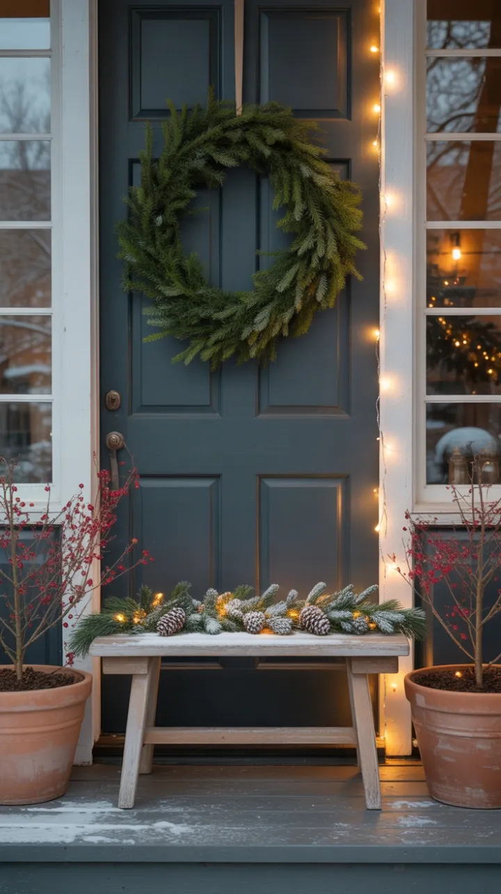 Serene Minimalist Christmas Porch with Evergreen Wreath and Warm Lights
