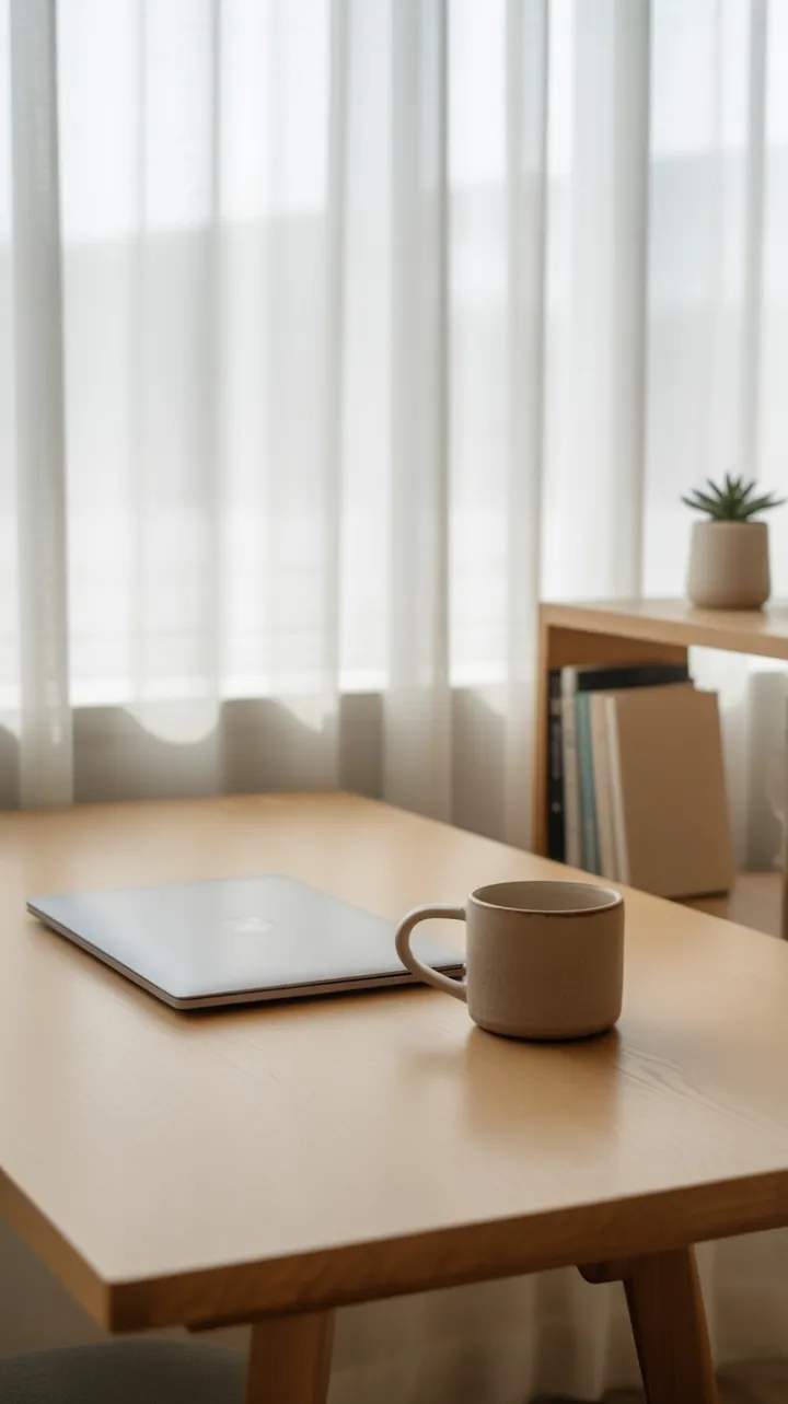 Sunlit Minimalist Desk with Ceramic Mug and Succulent