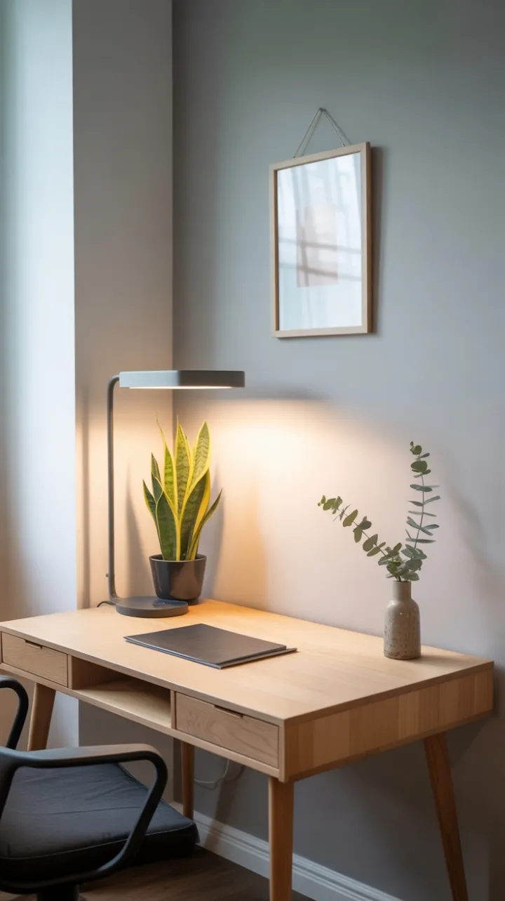 Serene Scandinavian Workspace with Warm Glow