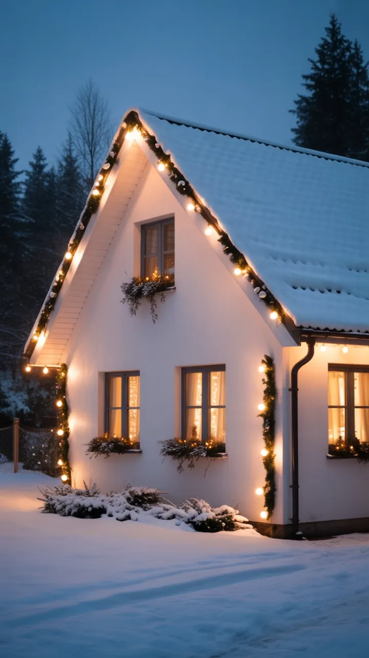 Cozy Snow-Covered Cottage Dressed in Warm Holiday Light