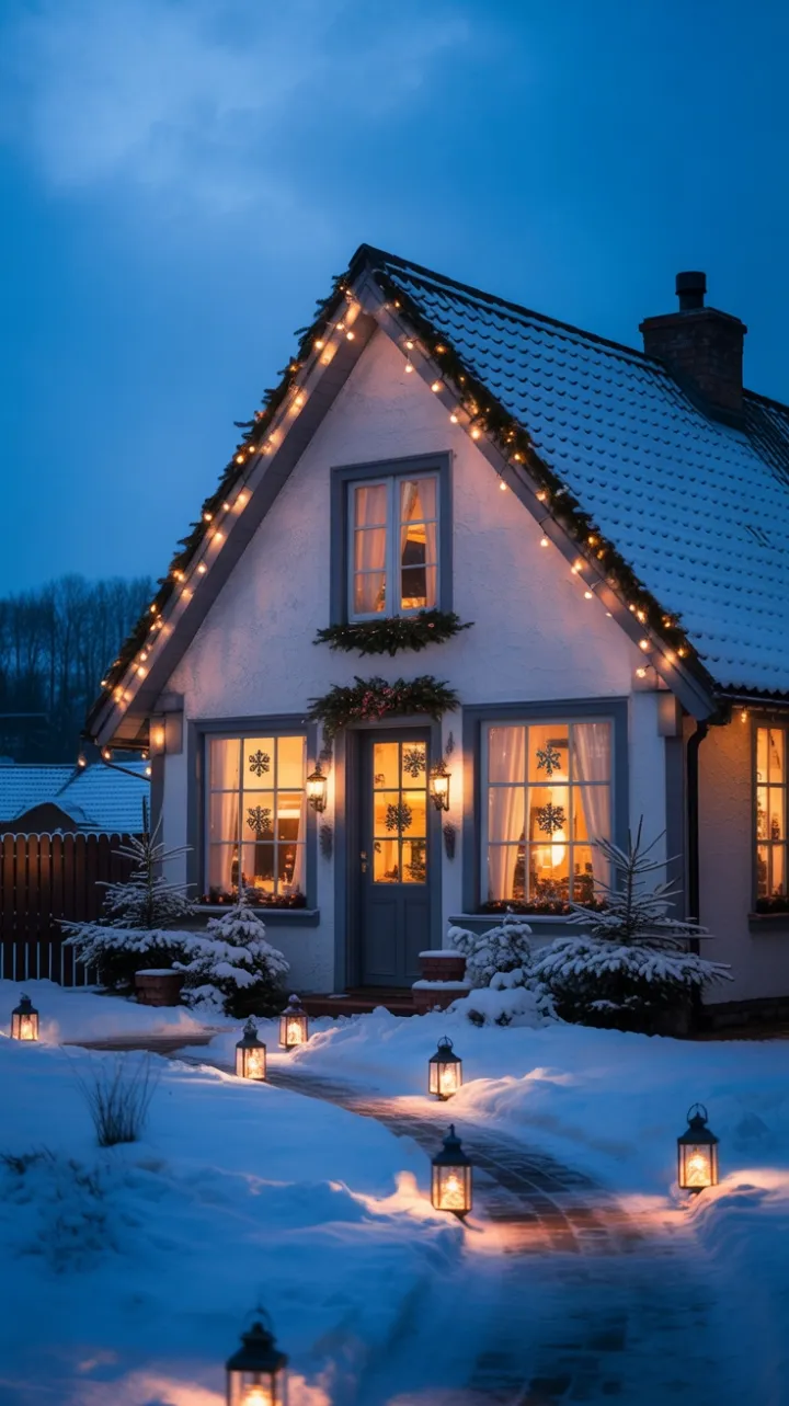 Twilight Cottage Aglow with Warm Lantern Light