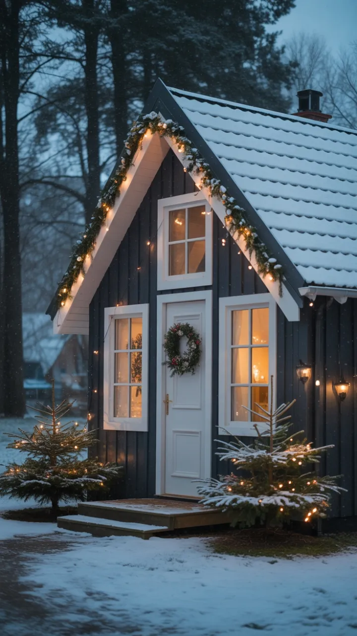 Snow-Kissed Modern Cottage Bathed in Warm Holiday Light