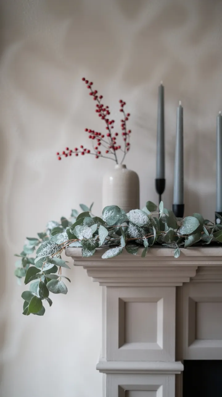 Serene Scandinavian Mantel of Eucalyptus, Matte Black and Red Berries