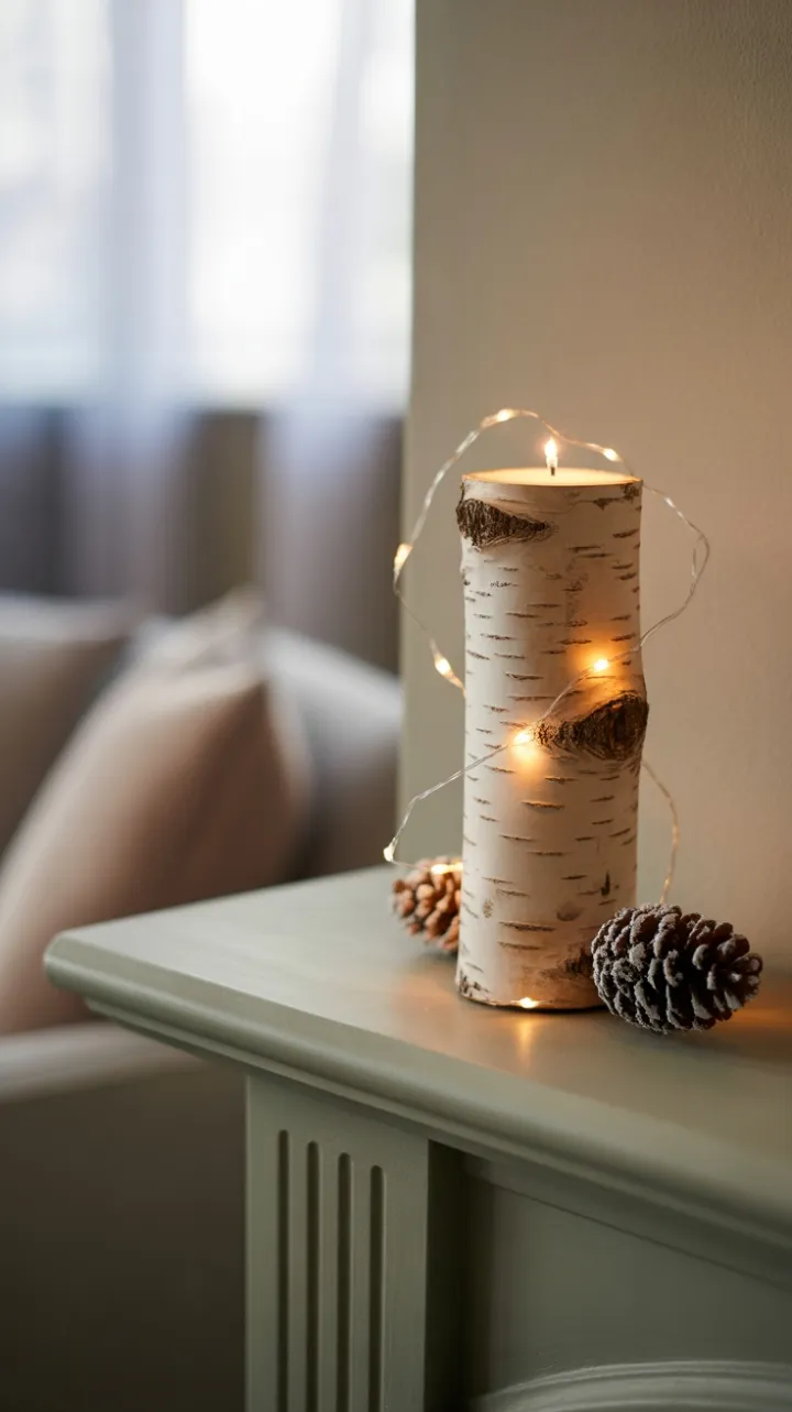 Frosted Birch Glow on a Quiet Mantel