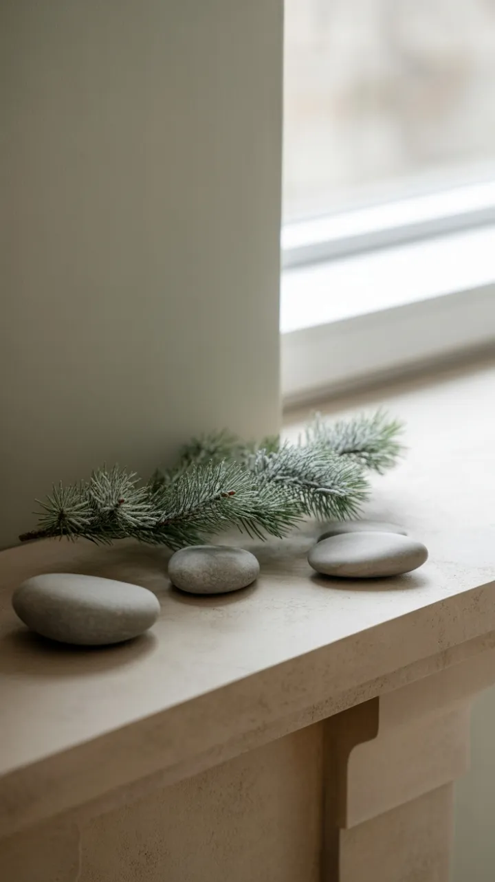 Scandinavian Quiet Snow-kissed Pine and River Stones